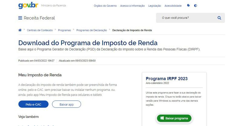 Programa gerador da declaração do Imposto de Renda Pessoa Física 2023 -Juca Varella/Agência Brasil