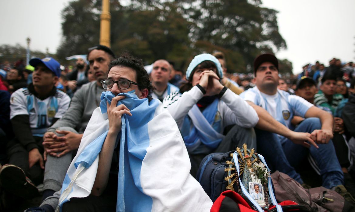 Fans of Argentina react after France scored their 4th goal during the broadcast of the FIFA World Cup soccer match between Argentina and France at the Plaza San Martin, Buenos Aires, Argentina, June 30, 2018. REUTERS/Agustin Marcarian