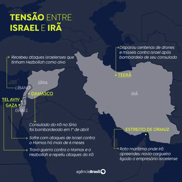 Rio de Janeiro (RJ) 14/04/2024 - Arte Mapa Israel x IrãArte EBC