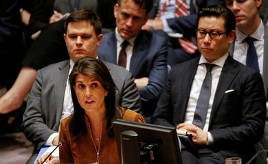 Embaixadora americana na ONU, Nikki Haley, em pronunciamento hoje no Conselho de Segurança das Nações Unidas
