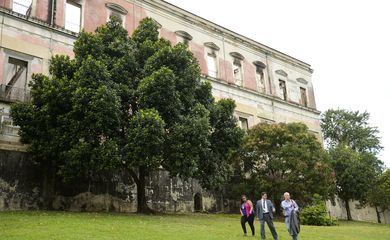 O diretor do Museu Nacional do Rio de Janeiro, Alexander Kellner (à direita) caminha com equipe na parte de trás do museu, na Quinta da Boa Vista.