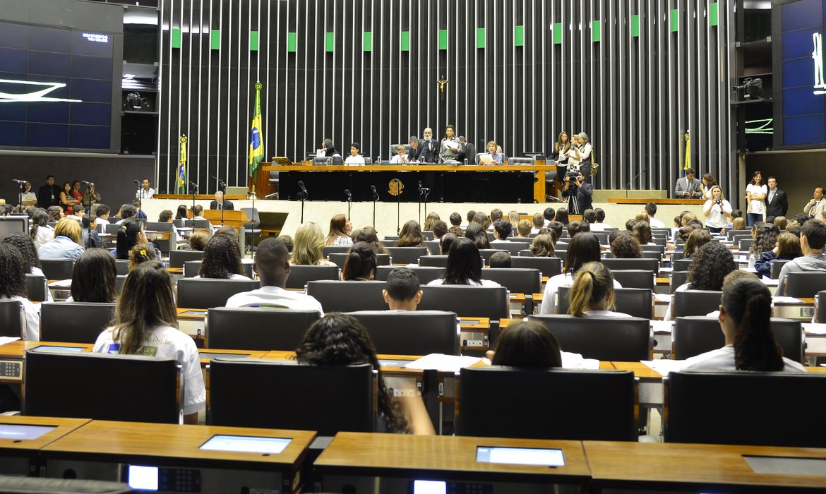 Cerca de 400 estudantes do 5º ao 9º ano do ensino fundamental de escolas públicas e particulares de todo país participam da sessão plenária do Câmara Mirim (Antonio Cruz/Agência Brasil)