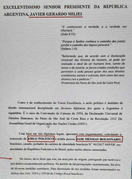 Documento mostra pedido de asilo de Bolsonaro a Milei