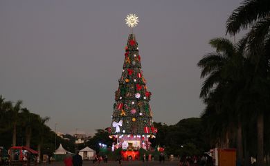 Árvore de Natal no Parque Villa-Lobos, Alto de Pinheiros, região oeste de São Paulo.