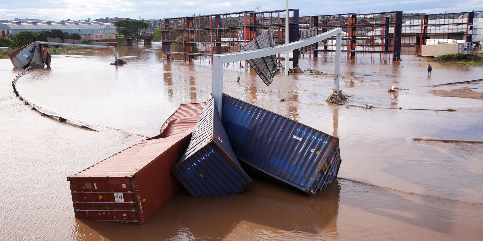 A view of shipping containers, which were washed away after heavy rains caused flooding, in Durban