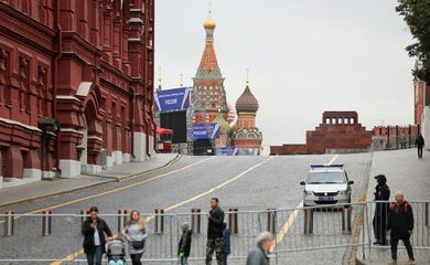 A view shows banners and constructions for a stage in Red Square in Moscow