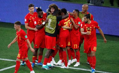 Copa 2018: Inglaterra e Bélgica. Comemoração do primeiro gol da Bélgica. 