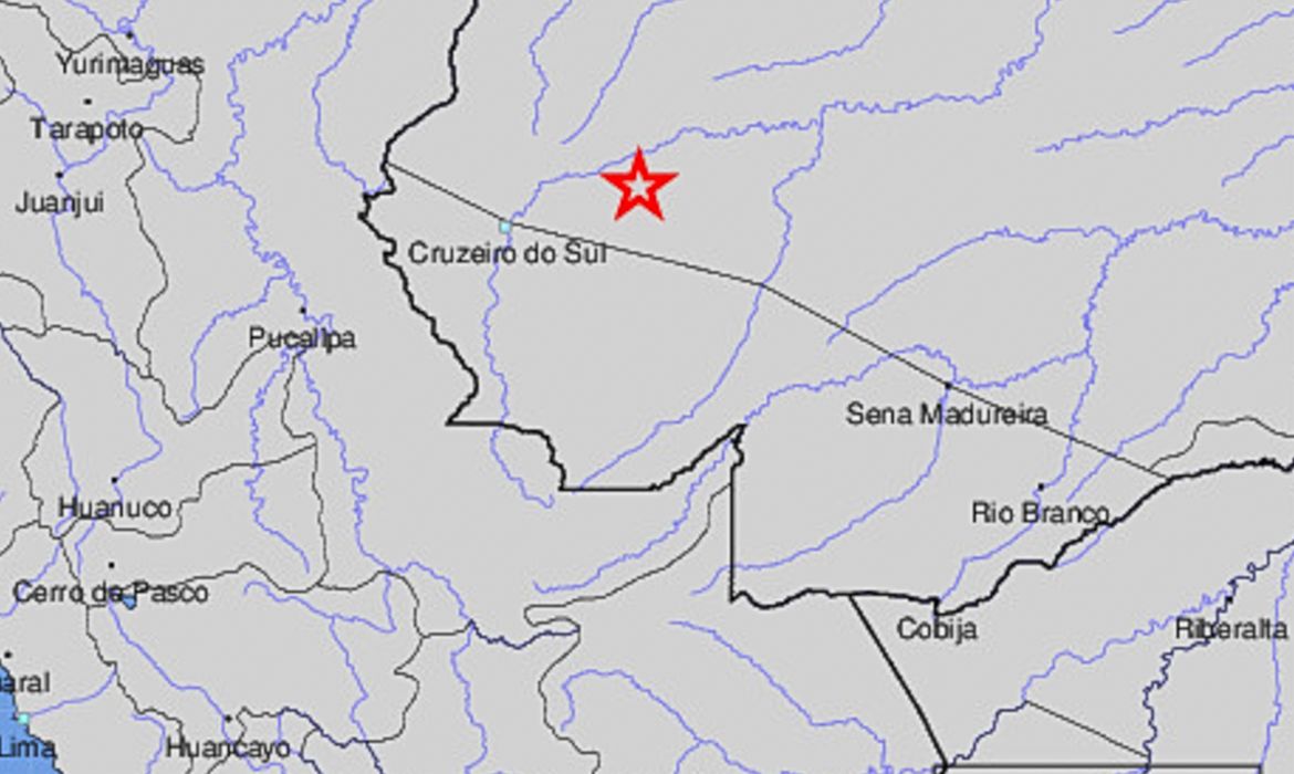 Acre-AC 20/01/2024 Mapa do serviço geológico americano com a localização do terremoto no Acre.Foto/ Print do serviço geológico dos EUA.