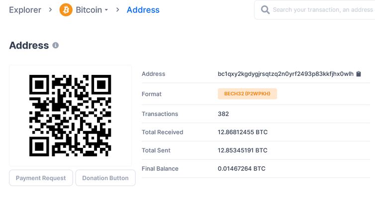 Registro do site blockchain.com mostra que dinheiro levantado foi recebido e transferido para outras contas.