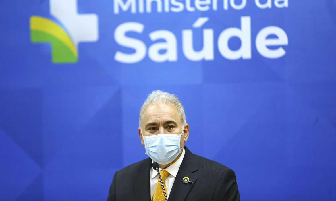 O ministro da Saúde, Marcelo Queiroga, durante anúncio de medida de cooperação humanitária internacional no enfrentamento à covid-19.