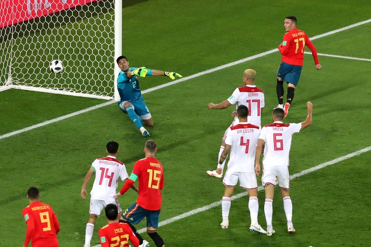 Copa 2018: Espanha e  Marrocos. Iago Aspas, da Espanha, marca o segundo gol da equipe.