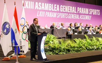 Assunção, 08/08/2025 - Jogos Pan-Americanos Júnior Assunção 2025 - Assembléia PANAM. O prefeito do Rio de Janeiro Eduardo Paes apresenta candidatura das cidades do Rio de Janeiro e Niteroi para sedes dos Jogos PanAmericanos e ParaPan de 2031. Foto: Miriam Jeske/COB