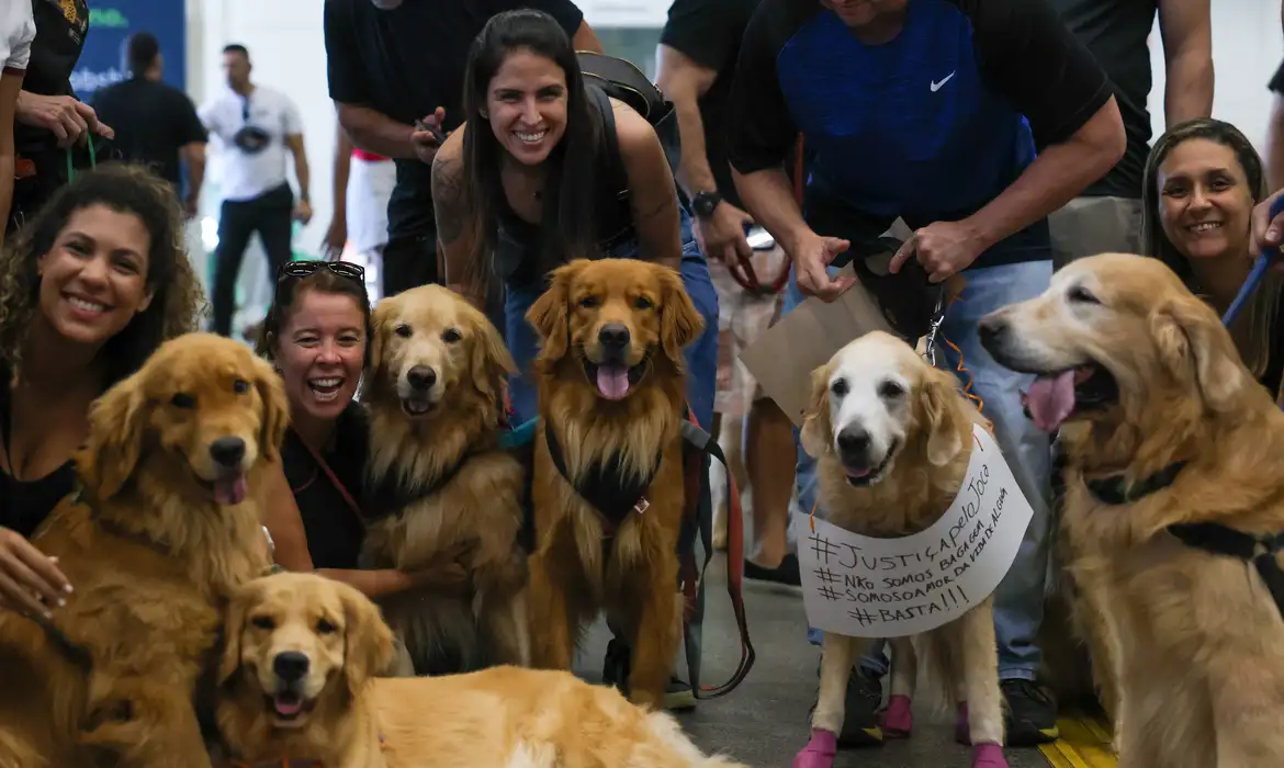 Brasília (DF) 28/04/2024 Tutores de pets fazem protesto no Aeroporto Juscelino Kubitschek de Brasília cobrando justiça pela morte do Golden Retriever Joca, durante viagem aérea. Foto: Fabio Rodrigues-Pozzebom/ Agência Brasil
