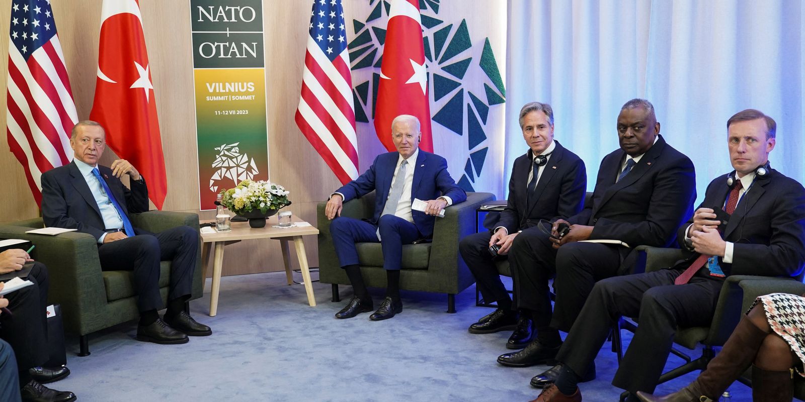 U.S. Secretary of State Antony Blinken, U.S. Defence Secretary Lloyd Austin and U.S White House National Security Advisor Jake Sullivan look on during a bilateral meeting between U.S. President Joe Biden and Turkish President Tayyip Erdogan at