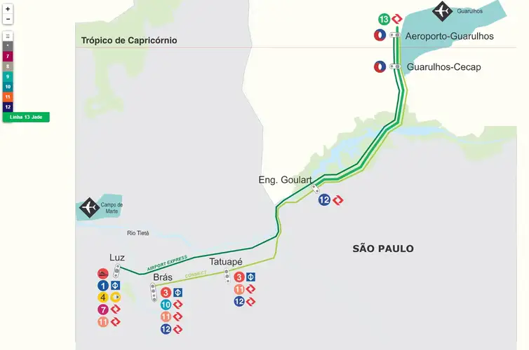 Trajeto linha 13 Jade da CPTM até o aeroporto de Guarulhos