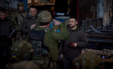 Ukraine's President Zelenskiy visits Ukrainian service members in Bakhmut