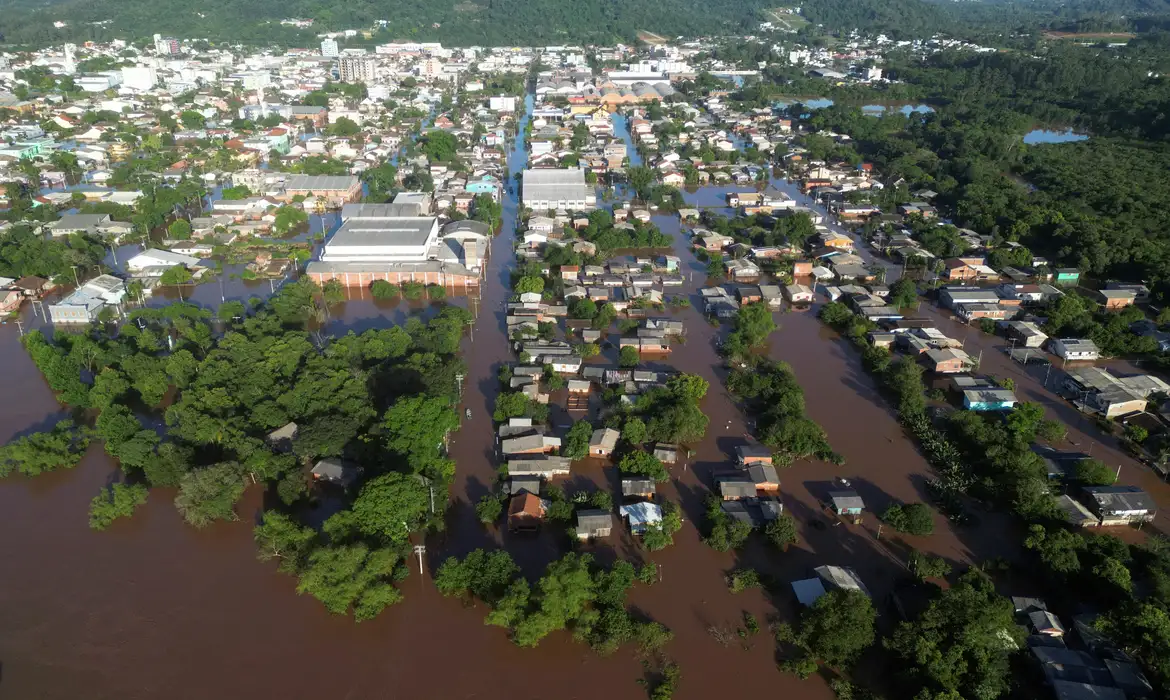 Buildings are flooded due to heavy rains, in Sao Sebastiao do Cai, Rio Grande do Sul state, Brazil, November 19, 2023. REUTERS/Diego Vara