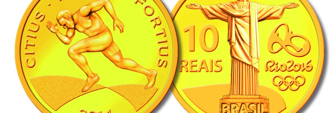 A moeda de ouro representa, além do Cristo Redentor, a corrida de 100 metros rasos, um dos esportes que representa o lema Olímpico “Citius, Altius, Fortius” (mais rápido, mais alto, mais forte).