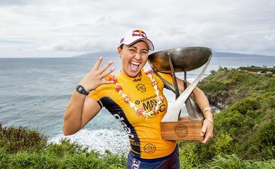 MAUI, UNITED STATES - DECEMBER 2: Carissa Moore of Hawaii wins her fourth WSL World Title at Honolua Bay on December 2, 2019 in Maui, United States.  (Photo by Kelly Cestari/WSL via Getty Images)