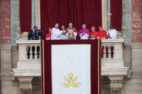 Newly elected Pope Leo XIV, Cardinal Robert F. Prevost of the U.S. delivers the 