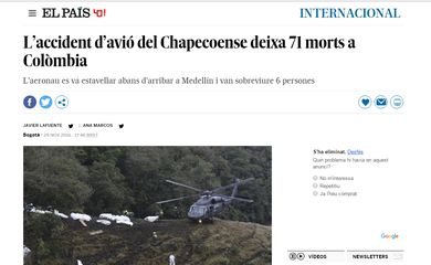 O jornal espanhol El País mostra acidente com time da Chapecoense - Divulgação/Agência Brasil