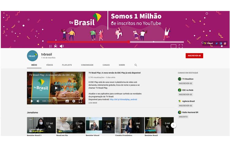 TV Brasil alcança 1 milhão de inscritos no YouTube