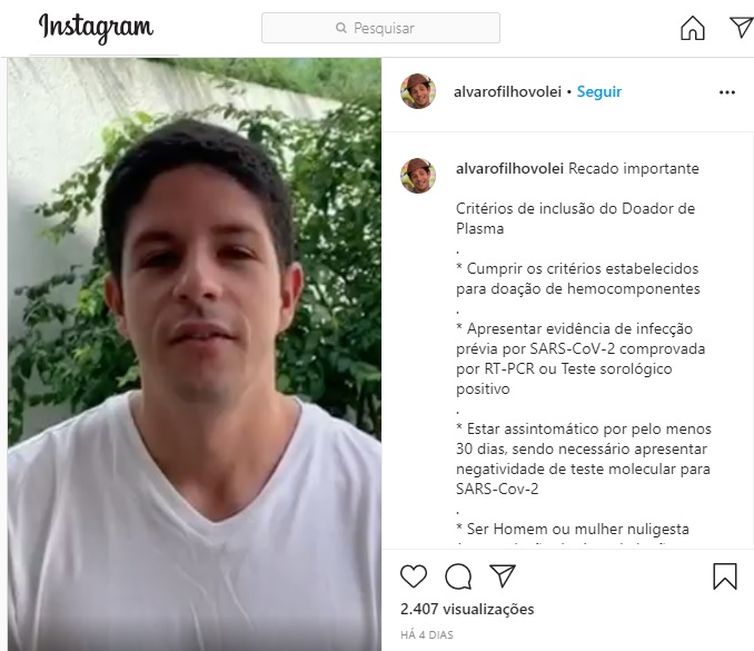 Reprodução Instagram Álvaro Filho postou na conta dele no Instagram a campanha para ajudar no combate ao novo coronavírus