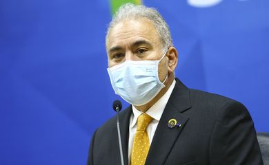 O ministro da Saúde, Marcelo Queiroga, durante anúncio de medida de cooperação humanitária internacional no enfrentamento à covid-19.