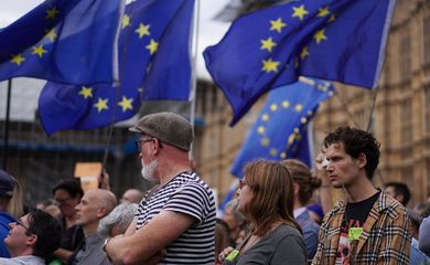 Anti-Brexit protestors are seen with flags of the European Union in the background, outside the Houses of Parliament in London, Britain August 28, 2019. REUTERS/Henry Nicholls