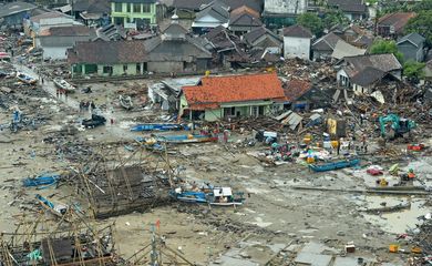 Aerial view of a damaged area after tsunami hit Sunda strait in Banten, Indonesia, December 24, 2018 in this photo obtained by Reuters on December 27, 2018. Picture taken December 24, 2018. Courtesy of Susi Air/Handout via REUTERS  THIS IMAGE