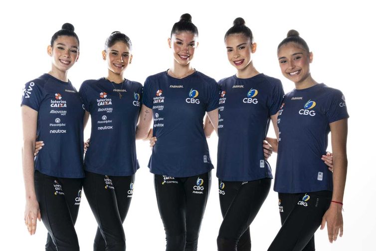 Divulgação/CBG Duda Arakaki, Nicole Pircio, Sofia Madeira, Maria Paula Caminha e Mariana Gonçalves - conjunto do brasil no Mundial de ginática rítmica no Rio de Janeiro, de 20 a 24 de agosto de 2025