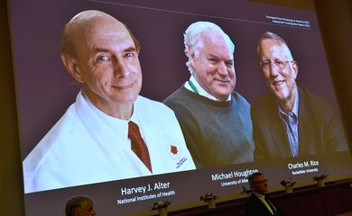 Fotos dos cientistas Harvey J. Alter, Michael Houghton e Charles M. Rice aparecem em tela durante anúncio de vencedores do Prêmio Nobel de Medicina em Estocolmo
