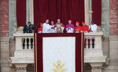 Newly elected Pope Leo XIV, Cardinal Robert F. Prevost of the U.S. delivers the
