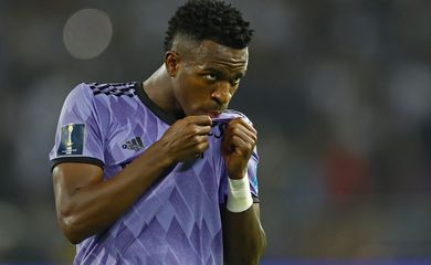 Vinícius Jr. durante partida do Real Madrid contra o Al Ahly pelo Mundial de Clubes em Marrocos