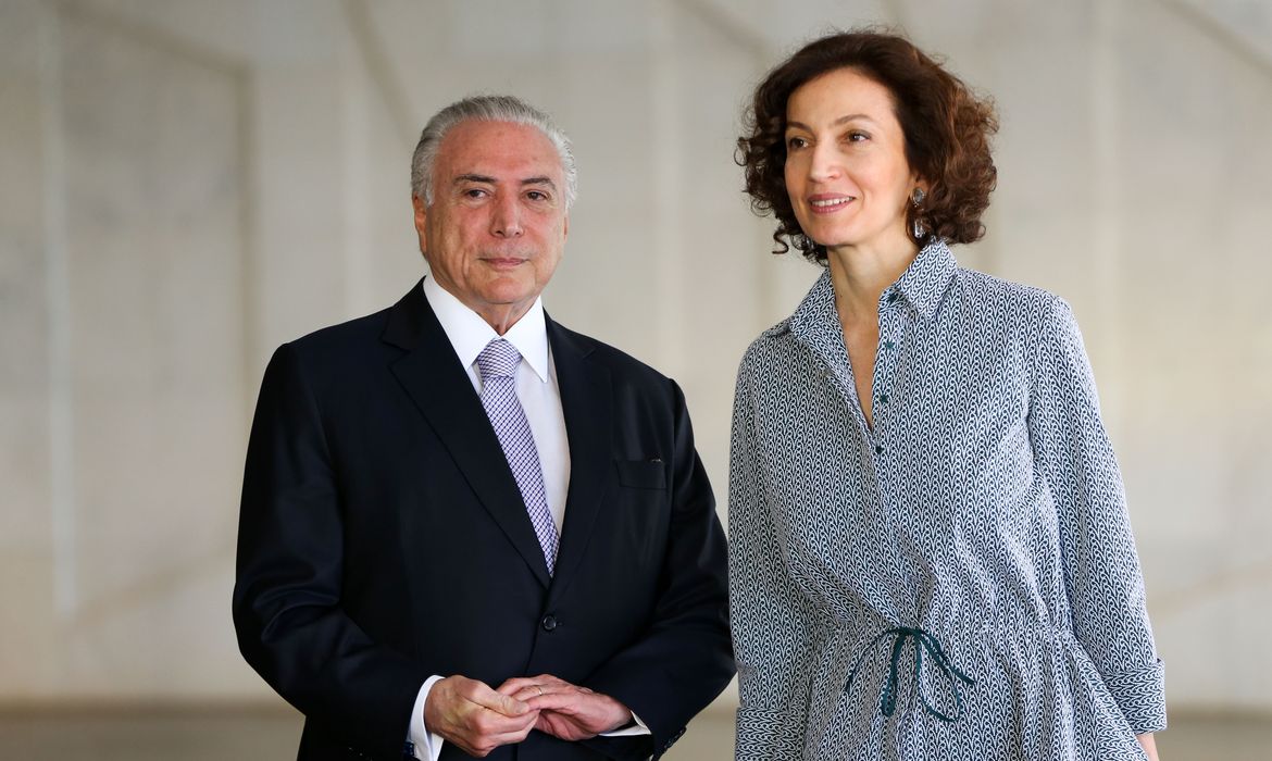 Brasília- O presidente Michel Temer recebe a diretora-geral da Unesco, Audrey Azoulay, na abertura oficial do 8º Fórum Mundial da Água (Marcelo Camargo/Agência Brasil)