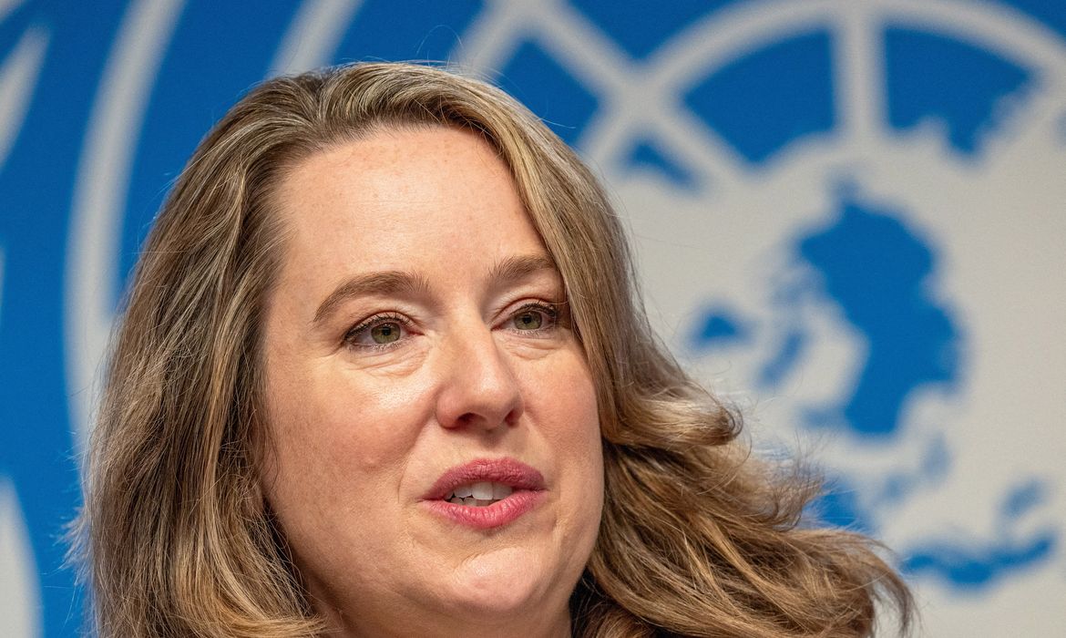 FILE PHOTO: Amy Pope, the new director general of the International Organization for Migration (IOM) attends a news conference in Geneva, Switzerland October 2, 2023.  REUTERS/Denis Balibouse/File Photo