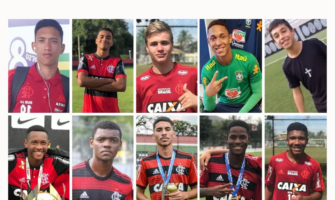 Brasília (DF), 22/10/2025 - Dez adolescentes mortos no incêndio do Ninho do Urubu, sede do time do Flamengo. Arte/Agência Brasil