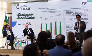 Brasília (DF), 09/04/2025 - O ministro da Educação Camilo Santana, o presidente do Instituto Nacional de Estudos e Pesquisas Educacionais Anísio Teixeira - Inep Manuel Fernando Palacios da Cunha e Melo e o Diretor de Estatísticas Educacionais (Deed) do Inep Carlos Eduardo Moreno Sampaio, durante coletiva de imprensa para divulgação dos destaques do Censo Escolar 2024. Foto: José Cruz/Agência Brasil