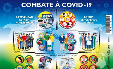 Correios lançam um bloco de seis selos em homenagem aos trabalhos de combate à pandemia do novo coronavírus, que provoca a Covid-19.