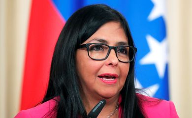 A vice-presidente da Venezuela, Delcy Rodriguez, durante coletiva de imprensa em Moscou, Rússia.