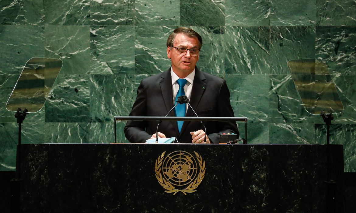 O presidente Jair Bolsonaro, durante a sessão de debates da 76ª Assembleia Geral das Nações Unidas (ONU)