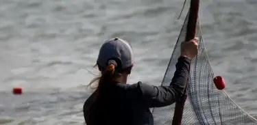 Pescadora vista de costa arma rede no mar