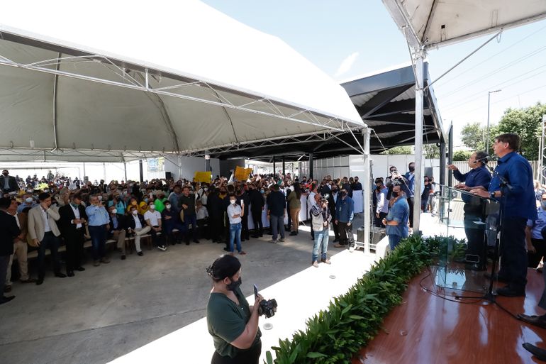O presidente da República, Jair Bolsonaro, discursa, durante a entrega da primeira etapa do “Projeto Belém Porto Futuro”