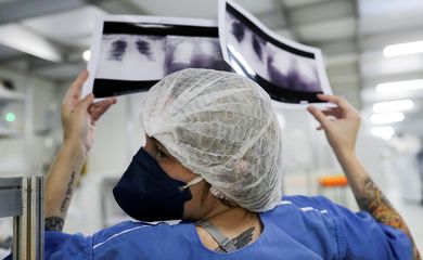 A doutora Luciana Souza compara duas radiografias de tórax diferentes de um paciente enquanto conversa com um colega de um hospital de campanha criado para tratar pacientes que sofrem da doença de coronavírus (COVID-19) em Guarulhos, São Paulo