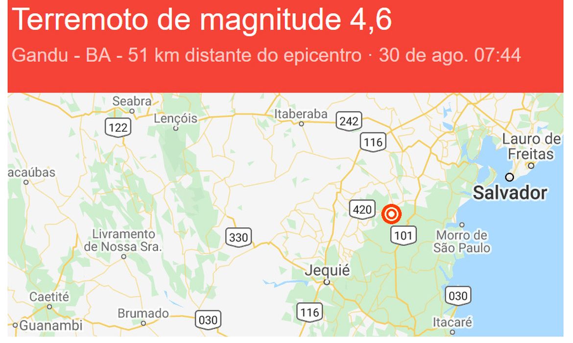 Na manhã deste domingo (30), a Bahia foi atingida por um abalo sísmico, o maior já registrado no estado tanto pela magnitude de 4.6, como em extensão rural, cerca de 400 km² de raio