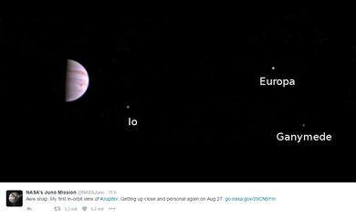 Na foto são visíveis três dos quatro maiores satélites de Júpiter: Io, Europa e Ganimedes

