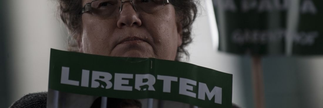 Rosângela Maciel, mãe ativista Ana Paula Maciel, participa de ato do Greenpeace no vão-livre do Museu de Arte de São Paulo (Masp) para pedir a libertação da brasileira, indiciada por pirataria durante protesto na Rússia
