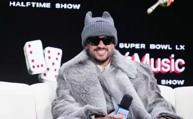 Feb 5, 2026; San Francisco, CA, USA; Bad Bunny during the Super Bowl LX halftime show press conference at Moscone Center. Mandatory Credit: Kirby Lee-Imagn Images