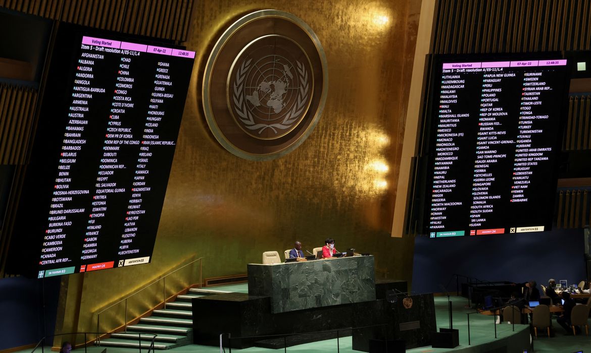 Painel mostra placar da votação sobre a Rússia na ONU