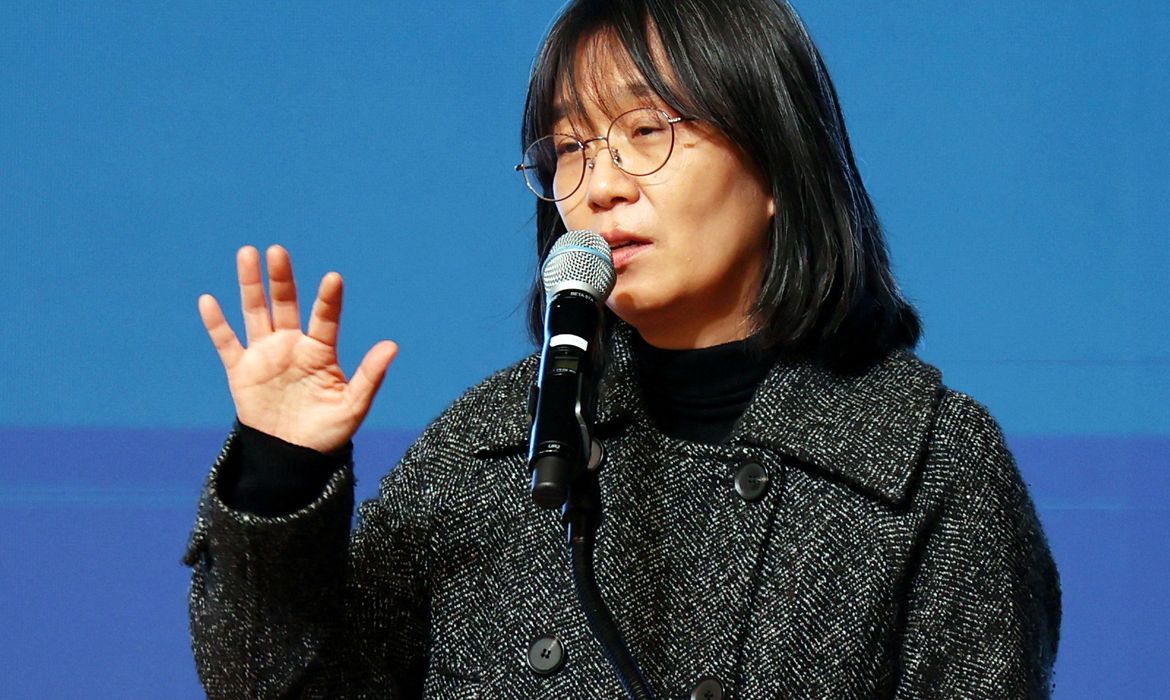 South Korean author Han Kang, the winner of the 2024 Nobel Prize in Literature, makes a speech in Gwangju, South Korea, in this photo taken in 2023. Yonhap via REUTERS THIS IMAGE HAS BEEN SUPPLIED BY A THIRD PARTY. NO RESALES. NO ARCHIVES. SOUTH KOREA OUT. NO COMMERCIAL OR EDITORIAL SALES IN SOUTH KOREA.